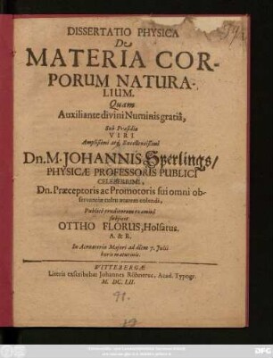 Dissertatio Physica De Materia Corporum Naturalium