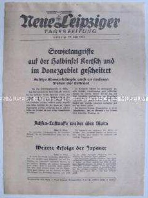 Extrablatt der "Neuen Leipziger Tageszeitung" zu sowjetischen Angriffen auf der Krim, Luftangriffe auf Malta und dem indonesischen Kriegsschauplatz