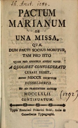 Pactum Marianum de una missa, 1792