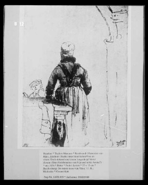 Studie einer bäuerlichen Frau an einem Tisch stehend und einem Jungenkopf hinter diesem (Titus Rembrandtsz van Rijn und seine Amme?)