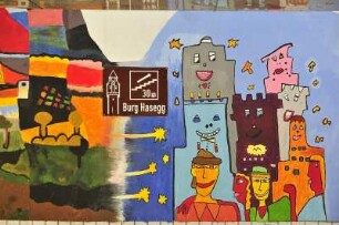 Bemalte Wand in Hall : Blick auf eine bunt bemalte Wand in einer Straßenunterführung. Aufgenommen in Hall (Tirol) am 27. Mai 2009