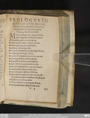 Prologus In Alutam Cum Moro, Carmen ubiq[ue] Iambicu[m] trimetru[m] acatalectum est, praeterqua[m] in Choro, ubi dimetru[m] est.
