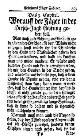 Das 9. Capitel. Worauff der Jäger in der Hirsch-Jagd Achtung geben soll.