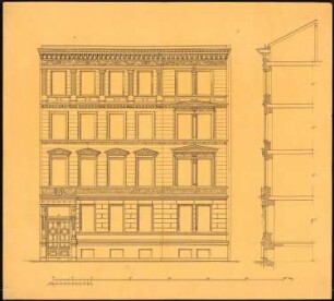 4-geschossiges Wohnhaus: Aufriss Straßenseite, Schnitt durch die Fassade; Maßstabsleiste