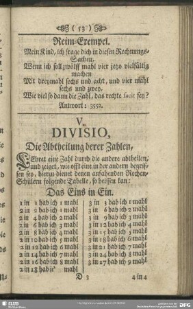 V. DIVISIO, Die Abtheilung derer Zahlen