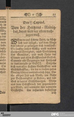 Das V. Capitel. Von der Hertzens-Reinigkeit, deren man vor allem nachjagen muß.