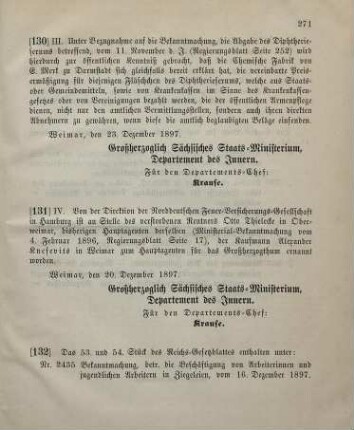 131. Ministerial-Bekanntmachung, betreffend Wechsel in der Hauptagentur der Nordeutschen Feuer-Versicherungs-Gesellschaft in Hamburg