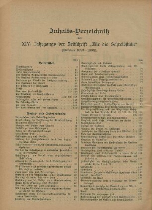 Inhalts-Verzeichniß des XIV. Jahrgangs der Zeitschrift "Für die Schreibstube" (Oktober 1897-1898)