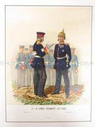 Uniformdarstellung, Feldwebel und Hauptmann des 3. und 4. Garde-Regiments zu Fuß, Preußen, 1864. Tafel 24 aus: Schindler: Militair-Album.