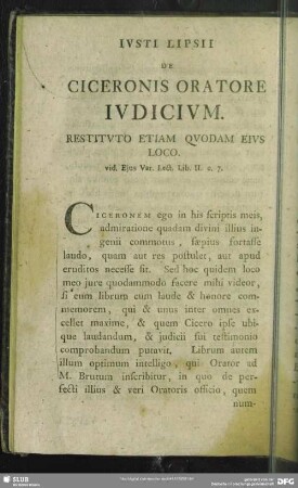 Justi Lipsii De Ciceronis Oratore Judicium