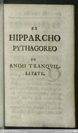 Ex Hipparcho Pythagoreo De Animi Tranquillitate