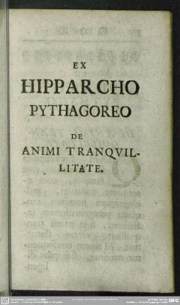 Ex Hipparcho Pythagoreo De Animi Tranquillitate