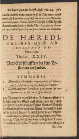 De Haereditatibus Quae Ab Intestato Deferuntur. Titulus XXIV. Von Erbschafften da kein Testament vorhanden.