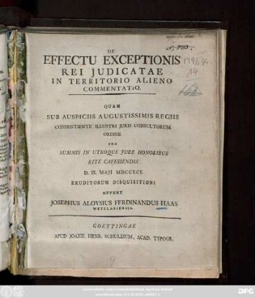 De Effectu Exceptionis Rei Judicatae In Territorio Alieno Commentatio