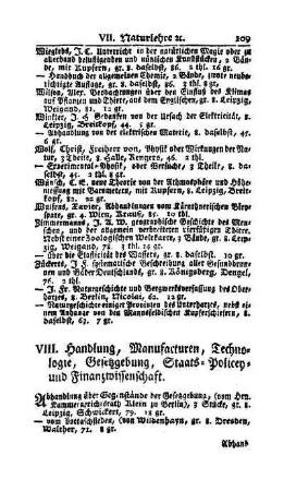 VIII. Handlung, Manufacturen, Technologie, Gesetzgebung, Staats- Policey- und Finanzwissenschaft