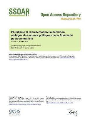 Pluralisme et representation: la definition ambigue des acteurs politiques de la Roumanie postcommuniste