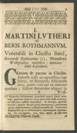 I. Martini Lutheri ad Bern. Rothmannum