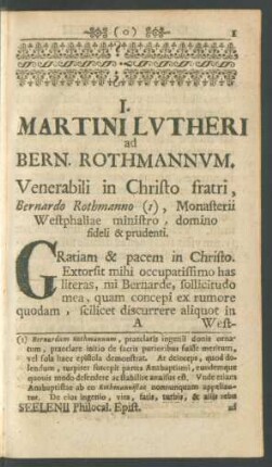I. Martini Lutheri ad Bern. Rothmannum