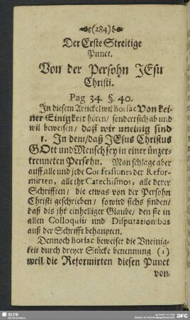 Der Erste Streitige Punct. Von der Persohn Jesu Christi