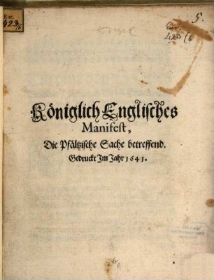 Königlich Englisches Manifest, Die Pfältzische Sache betreffend