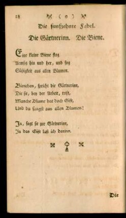 Die funfzehnte Fabel. Die Gärtnerinn. Die Biene