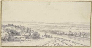 Landschaft mit einem Fluß, links Gebäude unter Bäumen, auf der Landstraße ein Wagen und einige Figuren