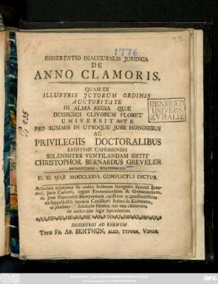 Dissertatio Inauguralis Juridica De Anno Clamoris