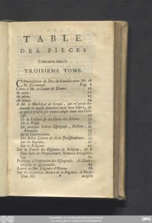 Table Des Pieces Contenues dans le Troisieme Tome.