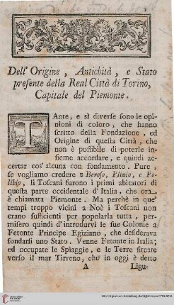 Dell'origine, antichità, e stato presente della real città di Torino, capitale del Piemonte
