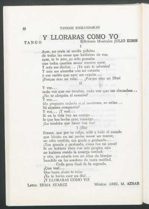 Y llorás como yo : Tango. - Ediciones Musicales Julio Korn