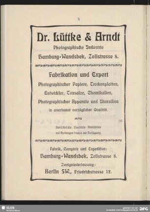 Werbung: Dr. Lüttke & Arndt. Photographische Industrie Hamburg- Wandsbek