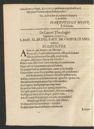 De Laurea Theologica Supremae hypallelo, Lamp. Alardo, Past. Brunspolitano, collata Scazontes.