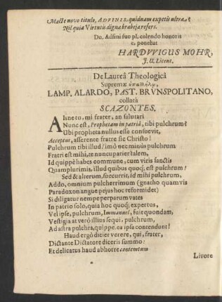 De Laurea Theologica Supremae hypallelo, Lamp. Alardo, Past. Brunspolitano, collata Scazontes.