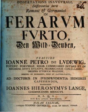 Dissertatione Inavgvrali, Differentias iuris Romani & Germanici In Ferarvm Fvrto
