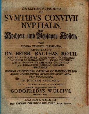 Diss. iur. de sumptibus convivii nuptialis, von Hochzeit- und Beylager-Kosten