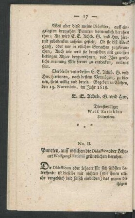 No. II. Puncten, auff welchen die Didactica oder Lehrart Wolfgangi Ratichii gründlichen beruhet.