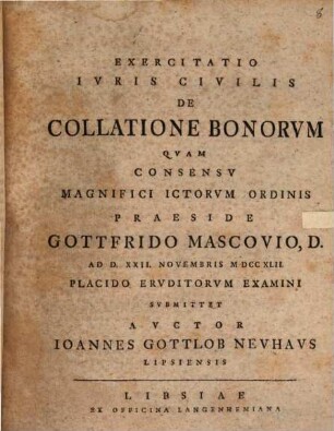 Exercitatio Ivris Civilis De Collatione Bonorvm