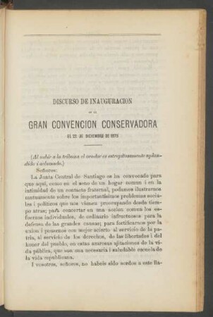 Discurso de inauguración de la Gran Convención Conservadora, el 22 de Diciembre de 1878