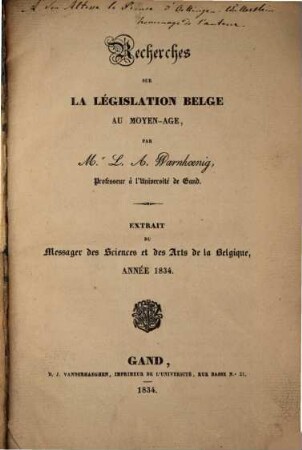 Recherches sur la législation belge au moyen-âge
