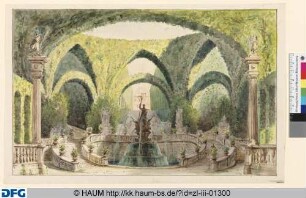 Blick in einen Park, vorn Brunnenanlage (Theaterdekoration)