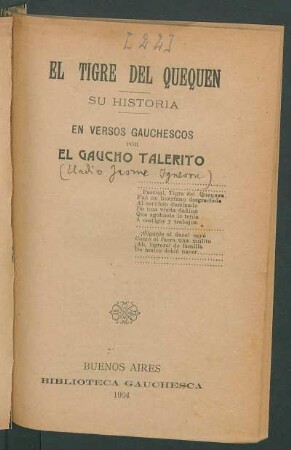 El tigre del Quequen : su historia en versos gauchescos