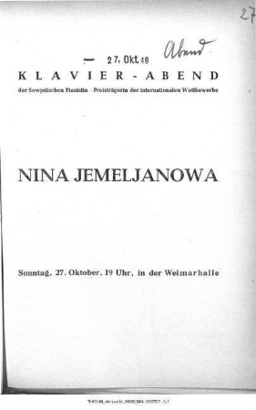 Klavier-Abend [...] Nina Jemeljanowa