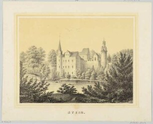 Das Schloss (Burg) Stein (Hartenstein-Stein) südöstlich von Zwickau am Ufer der Zwickauer Mulde, Blick aus südöstlicher Richtung