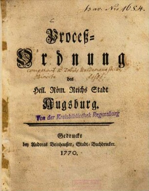 Proceß-Ordnung des Heil. Röm. Reichs Stadt Augsburg