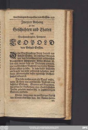 Zweyter Anhang zu den Geschichten und Thaten des Durchlauchtigsten Printzen Leopold von Anhalt-Dessau.