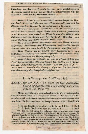 Publikationsfragment mit einem Bericht von Tschudi "Über die geographische Verbreitung der Ureinwohner von Peru." Daneben Zeitungsausschnitte zur Ethnologie von Unbekannt mit Anmerkungen von Humboldts Hand.