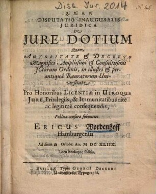 Disputatio Inauguralis Juridica De Jure Dotium