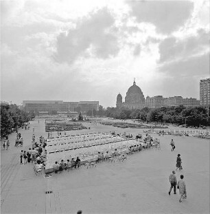 Wasserspiele am Fernsehturm mit Blick auf den Palast der Republik und den Berliner Dom