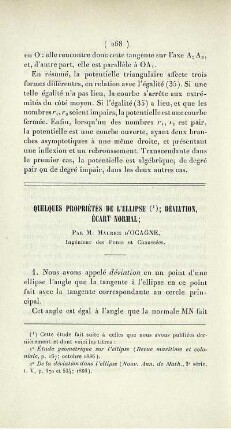 Quelques propriétés de l'ellipse; déviation, écart normal.