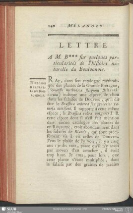 Lettre A M. B*** sur quelques particularités de l'histoire naturelle du Boulonnois